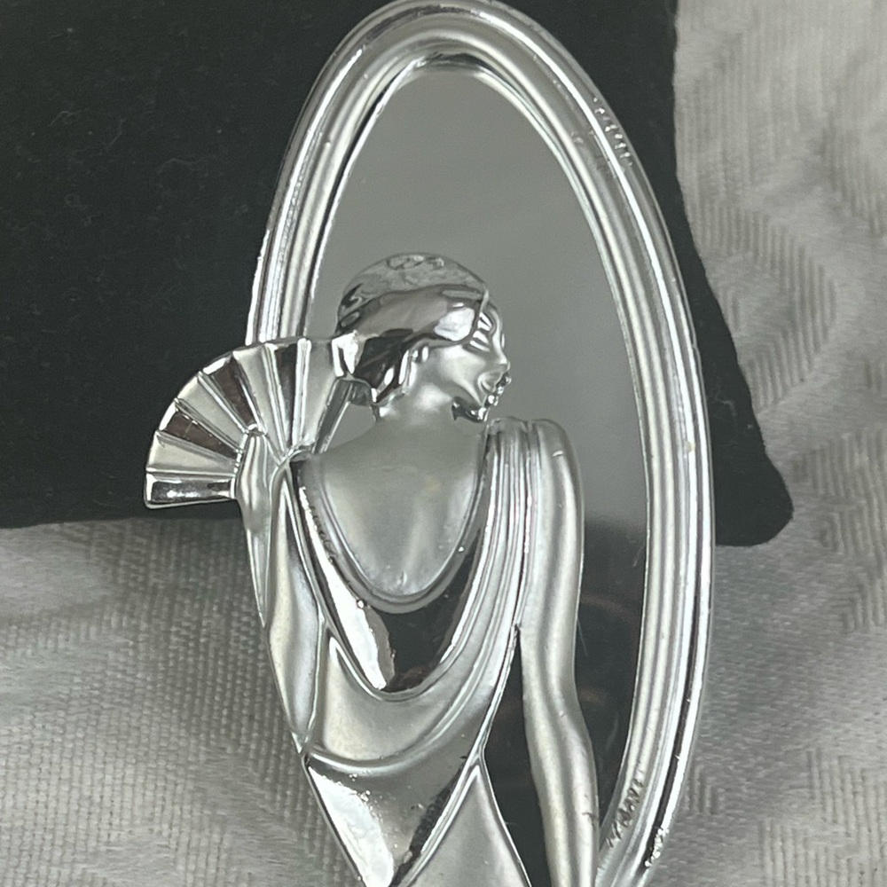 VINTAGE VIRCA 1970 you w Art Deco Silver-Tone Lady Brooch with Mirror Back